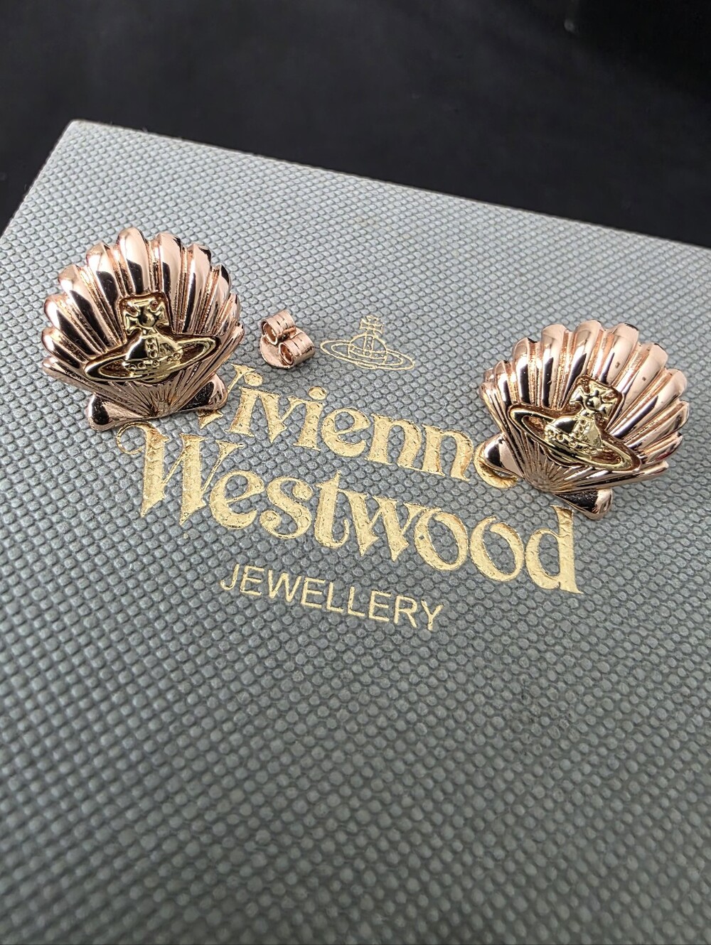 Auth Vivienne Westwood Rose Gold Shell Stud Earrings